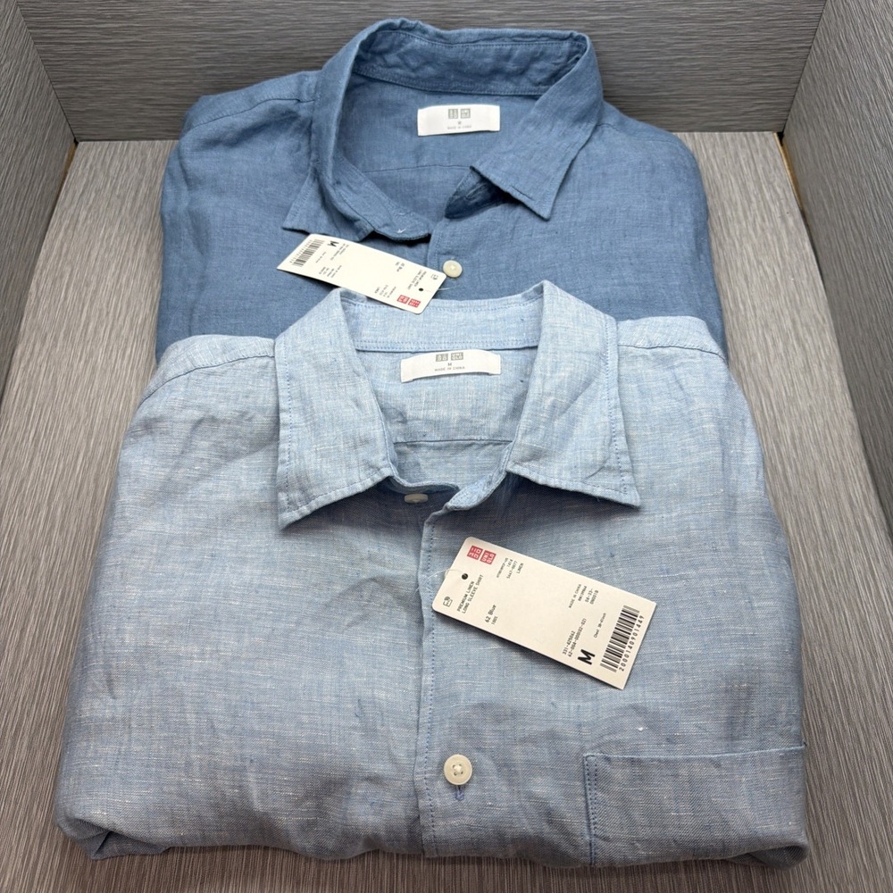 Uniqlo Premium Linen Shirts Mens M Blue 100% Linen Long Sleeve NWT Lot of 2